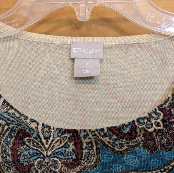 Chico's Sweater Pullover 2 LG Paisley Floral LS Top Green Brown Boho Artsy Comfy - Picture 3 of 12